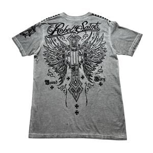 Y2K Rebel Saints Shirt Mens Medium Affliction Biker Angel Wings Skull Grunge